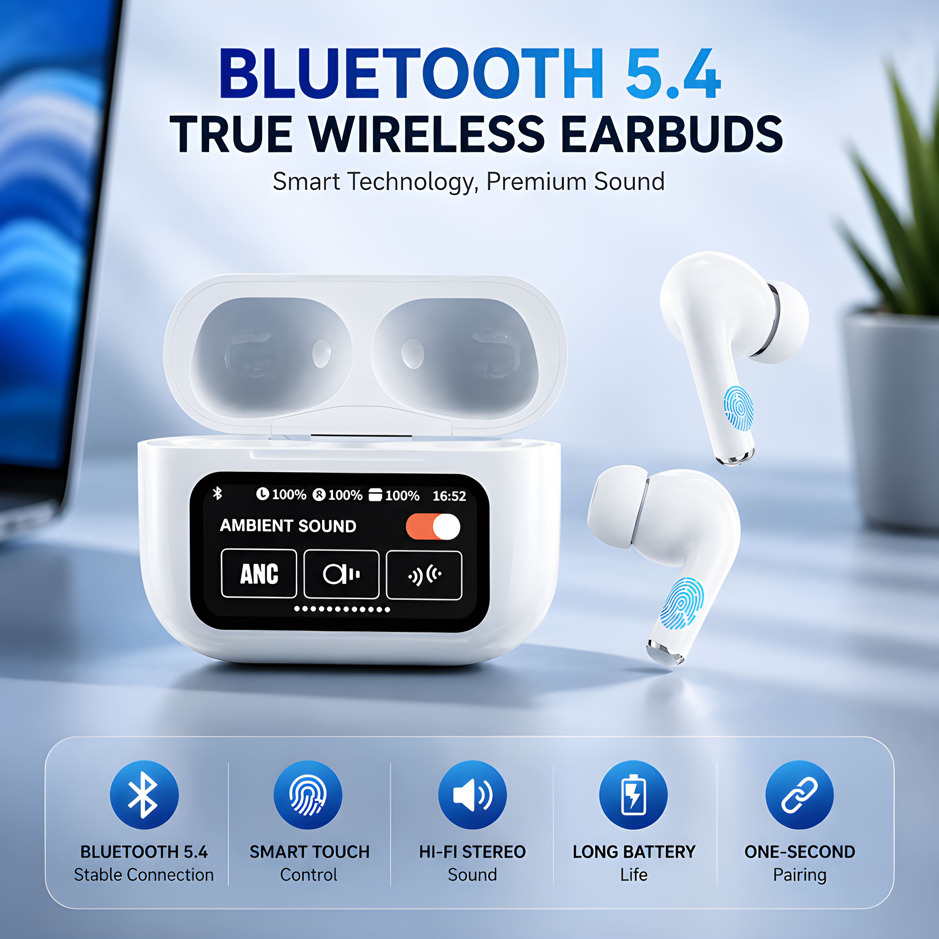 A9 Pro Touch Screen ANC/ENC Wireless Earbuds