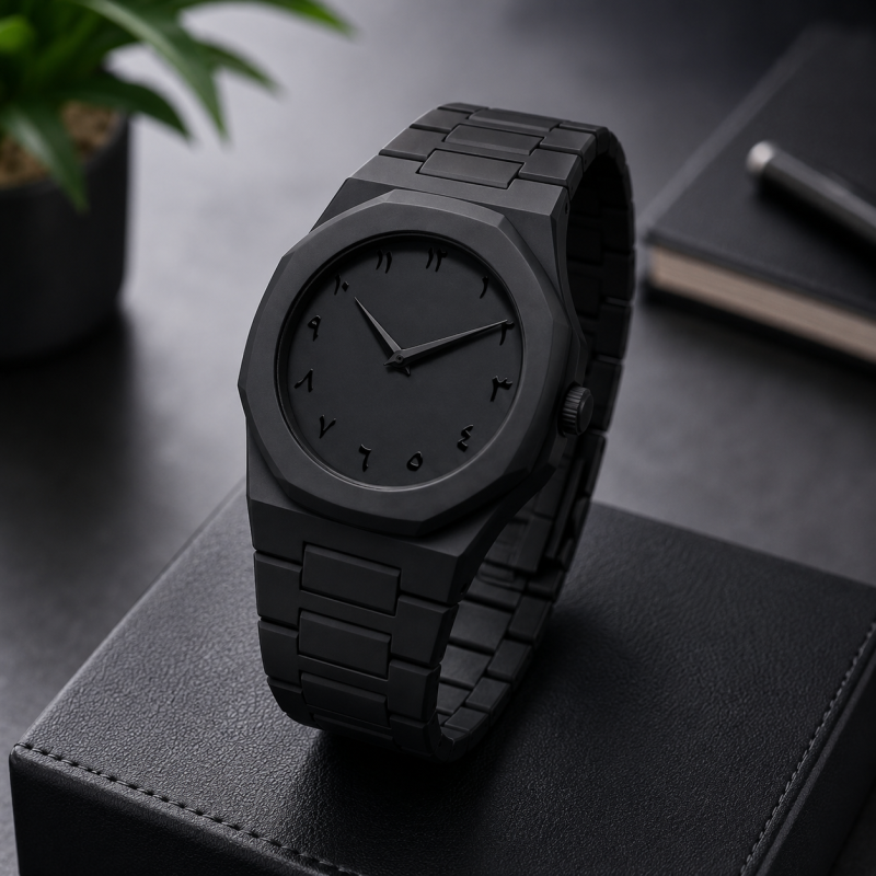 Arabic Aura Matte Black Watch with Butterfly Clasp