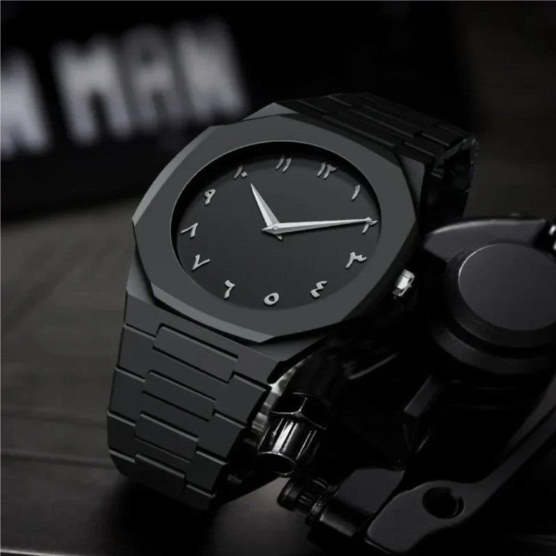 Arabic Aura Matte Black Watch with Butterfly Clasp